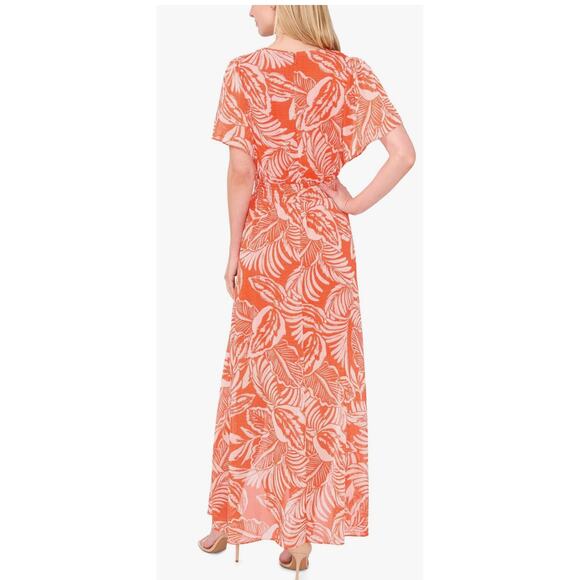 CeCe Floral Tropical Printed V-Neck Smocked Maxi Dress Orange Size Large - Picture 3 of 11